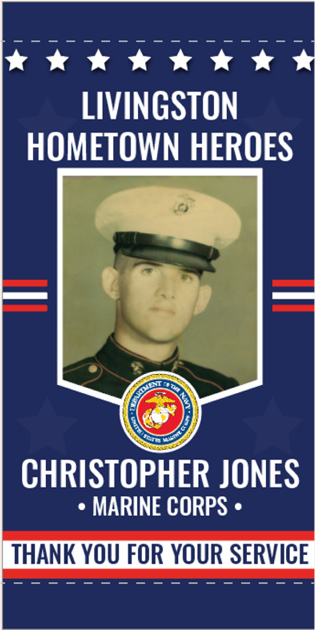 Livingston Hometown Heroes banner with image of young man in Marine uniform Christopher Jones